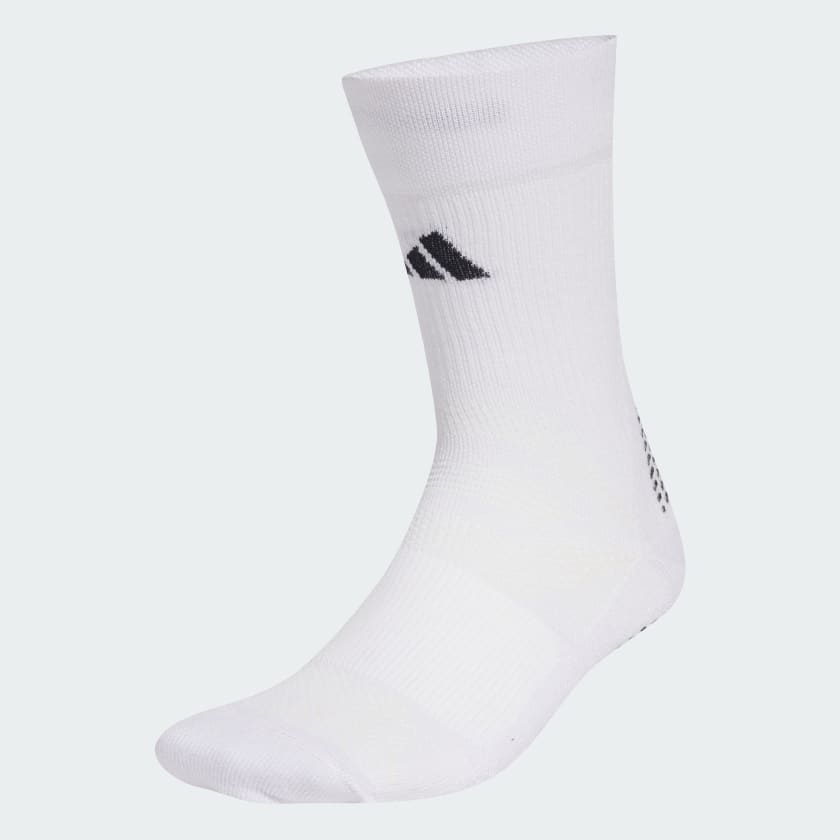 A white men's cotton sock displayed upright with a small black logo on the ankle against a light background.