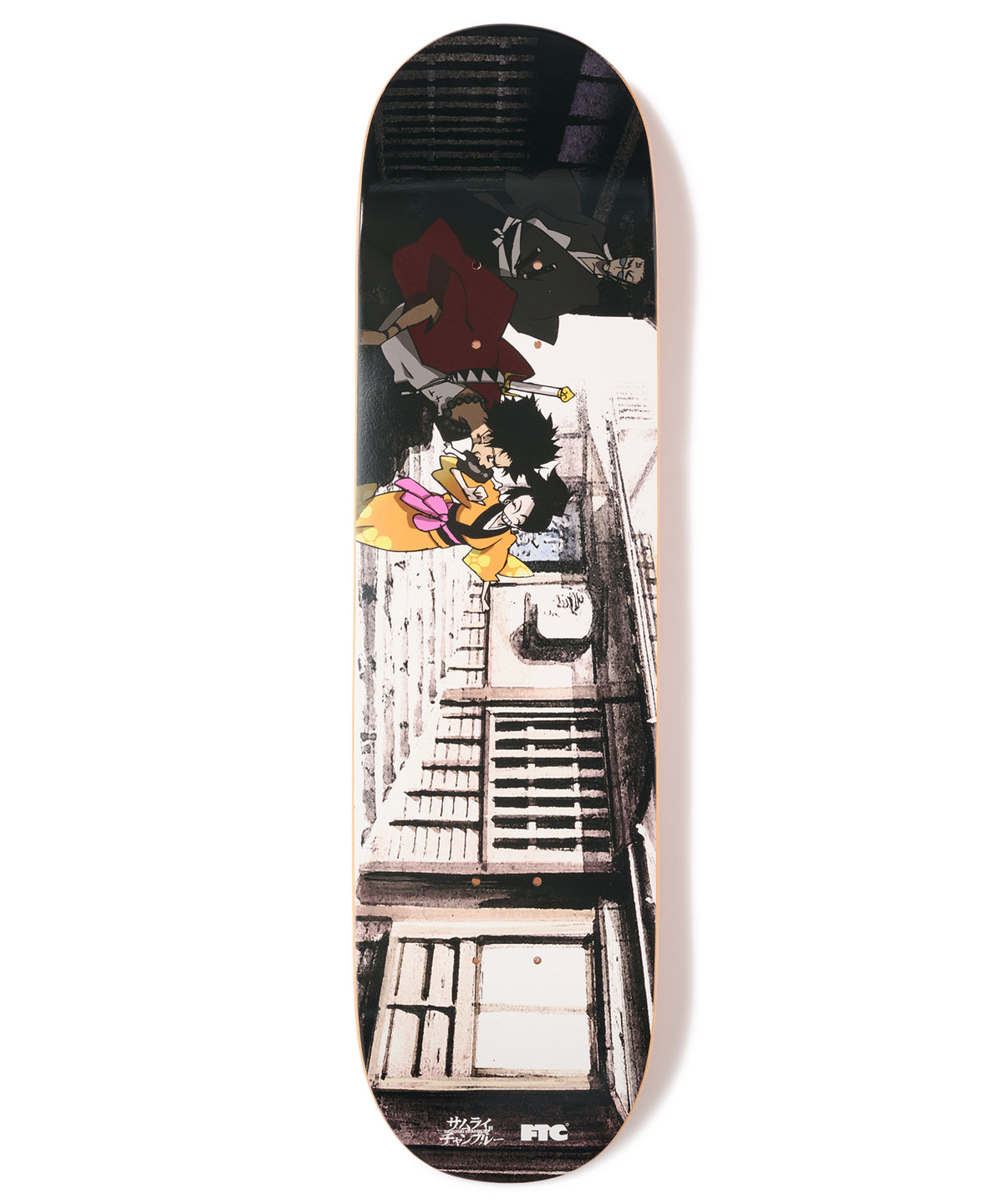 Top-down photo of the FTC x SAMURAI CHAMPLOO skate deck showing the full deck graphic with characters and a building background.
