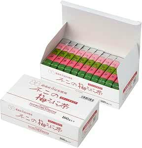 Open box of Fuji Umekobu tea sticks showing rows of individually wrapped sticks alongside a closed outer box.
