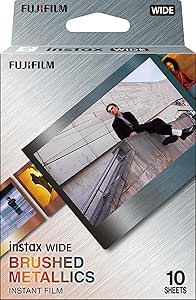 Box of Fujifilm Instax Wide Brushed Metallics instant film (10 sheets) showing metallic frame artwork.