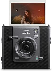 Front view of a black Fujifilm Instax Wide Evo hybrid instant camera with a developed photo emerging from the top.