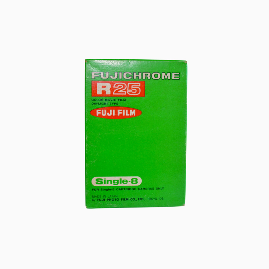 A green FUJICHROME R25 Single-8 color movie film box on a white background.