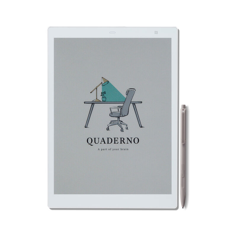 Front view of a QUADERNO A5 digital tablet with a stylus at its right and the QUADERNO screen graphic visible.