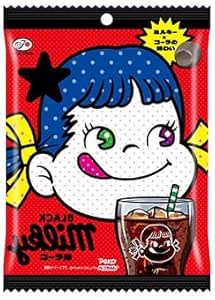 Front of a Fujiya Black Milky Cola flavor candy pack showing a cartoon girl's face and a glass of cola.