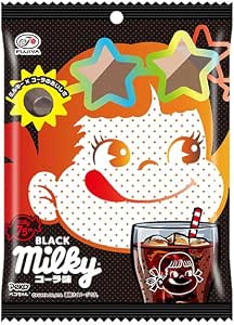 Front of the Black Milky cola-flavored candy packaging showing the Peko-chan mascot and a glass of cola on a black background.