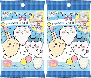 Two blue-packaged Fujiya Chiikawa gummy candy bags showing cartoon characters and product text.