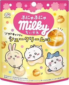 Front of a Fujiya Milky packaged sugar candy bag (sugar cream/cream puff flavor) showing Chiikawa character illustrations and product branding.