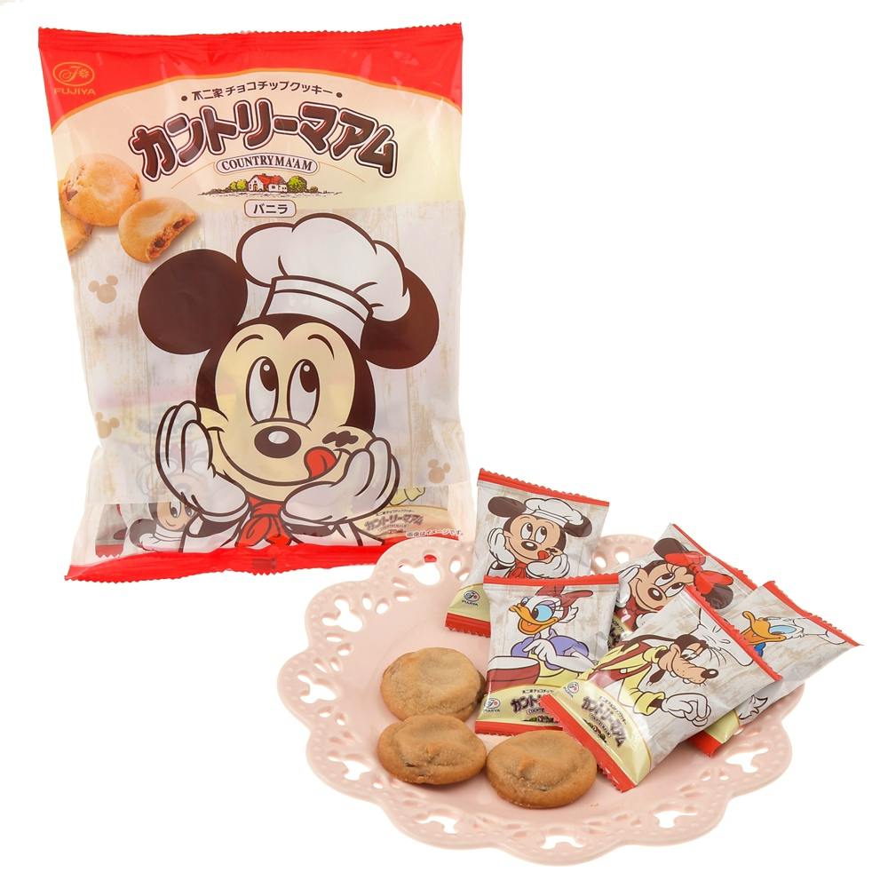 A bag of Country Ma'am Mickey & Friends vanilla chocolate chip cookies with several individually wrapped cookies and three cookies displayed on a plate.