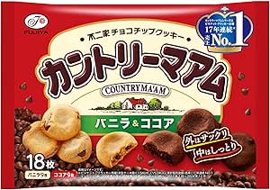 Red Fujiya Country Maam package for Vanilla & Cocoa cookies showing pictures of vanilla and cocoa cookies and '18 pieces' text.