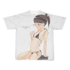 White full-graphic T-shirt showing an anime-style girl in a black bikini printed on the front.