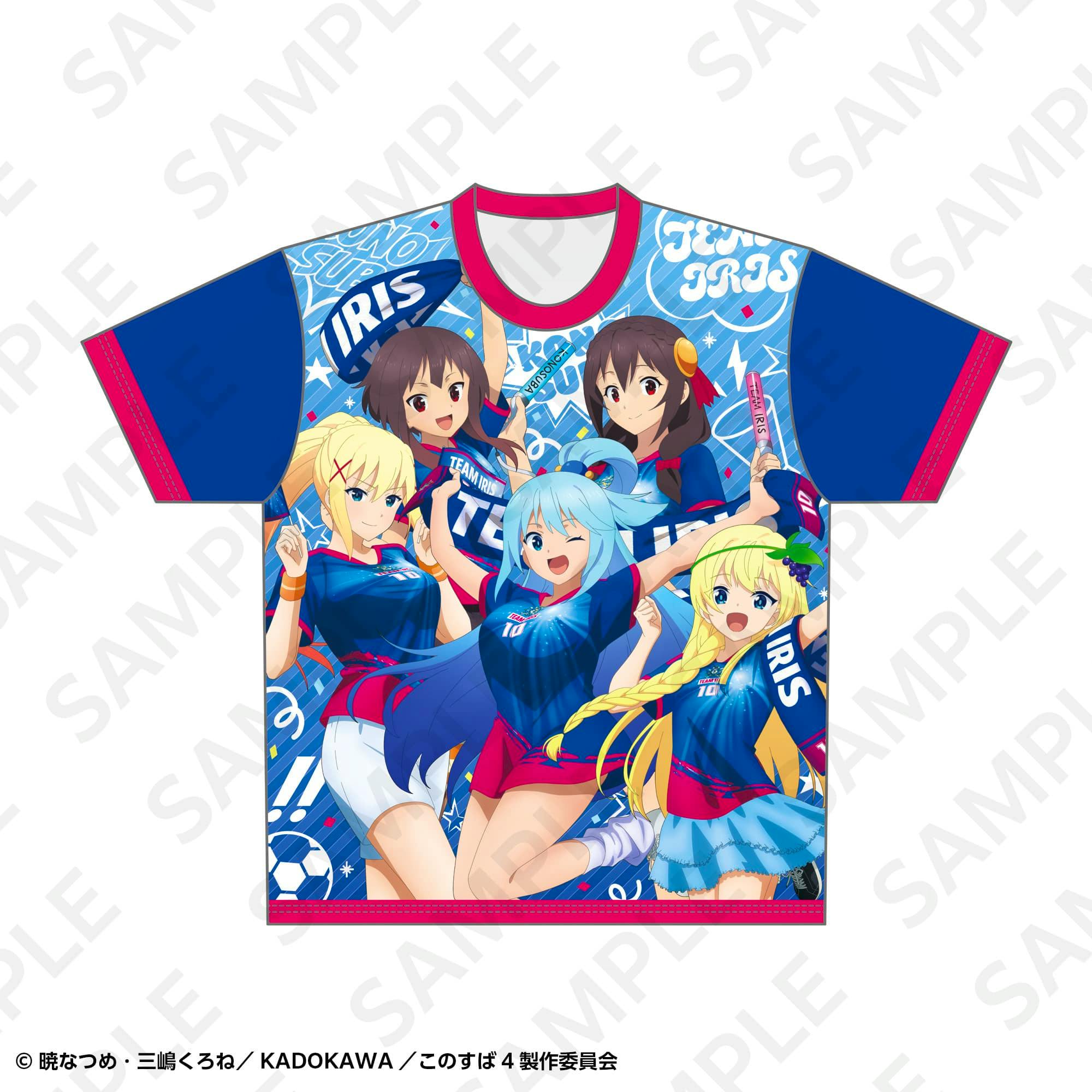 Front view of the full-graphic polyester soccer uniform T-shirt showing blue sleeves, pink collar trim, and printed anime characters.