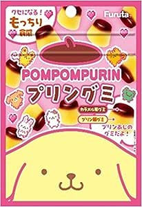 Front of a Furta Seika Pom Pom Pudding gummy candy bag showing the Pom Pom Pudding character and illustrations of pudding-shaped gummies.