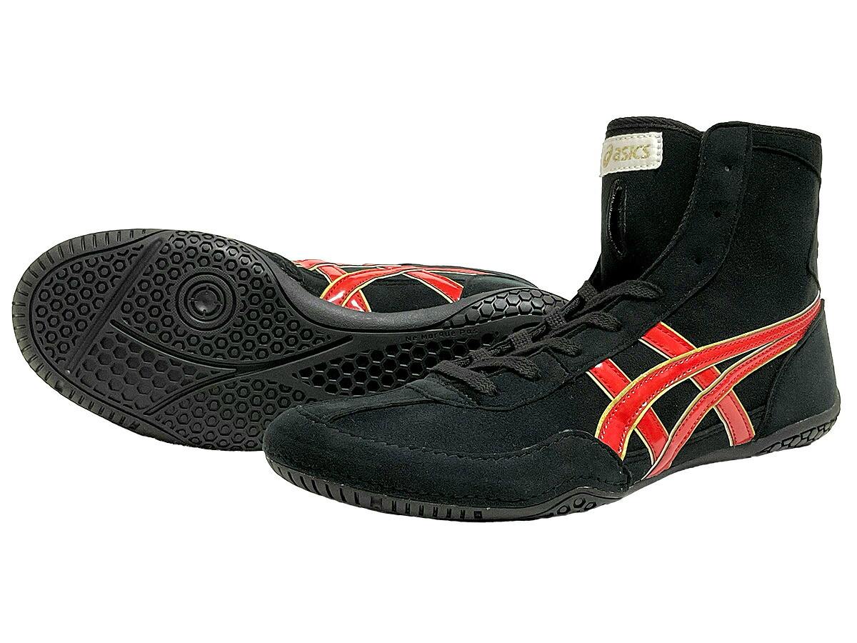 Pair of black high-top Fury shoes with red side stripes and textured black soles.
