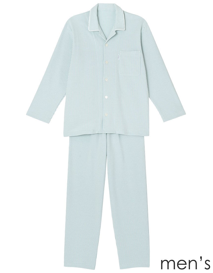 Light blue men's cotton two-piece pajama set with a long-sleeve button-up top and matching pants.