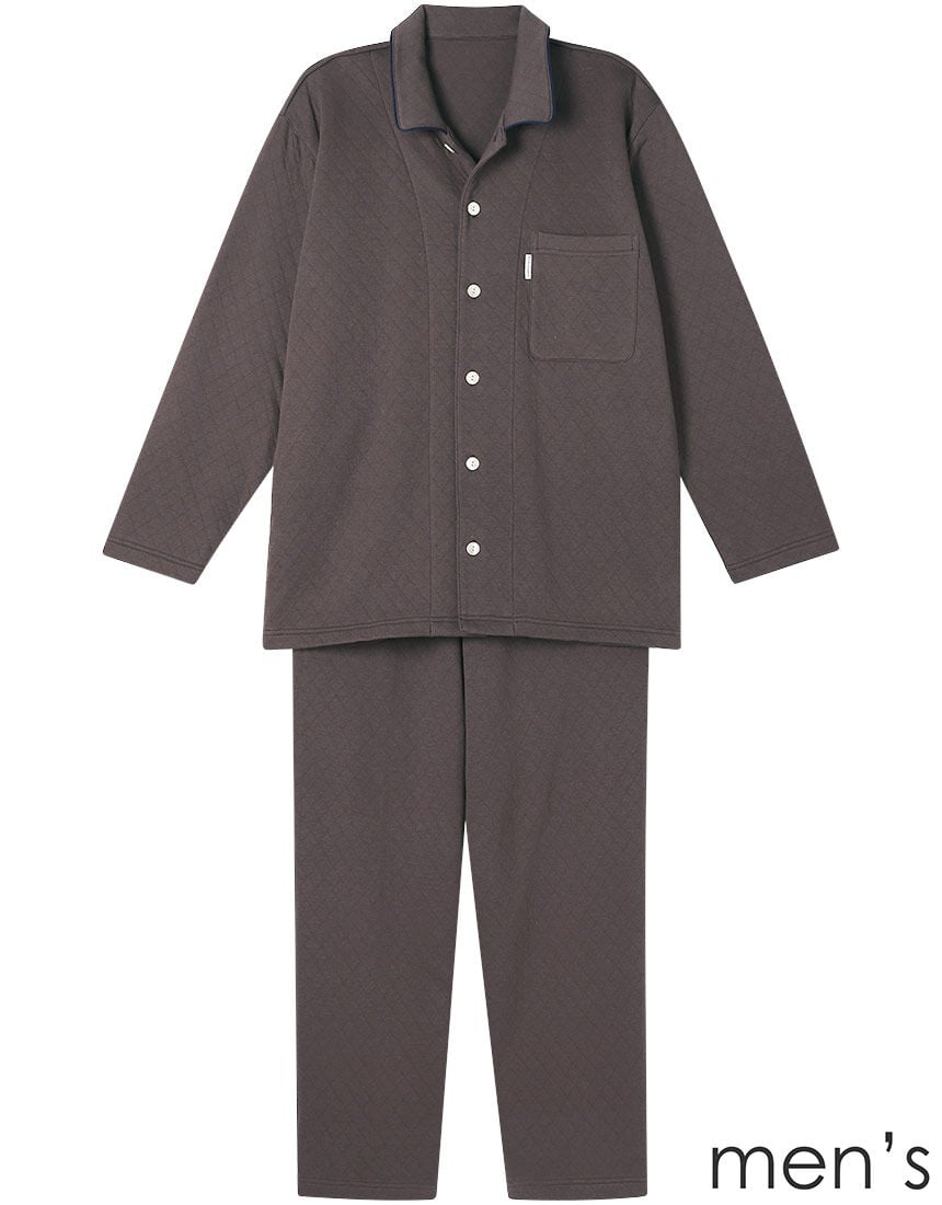 Flat-lay photo of a brown long-sleeve button-up pajama top and matching pants on a white background.