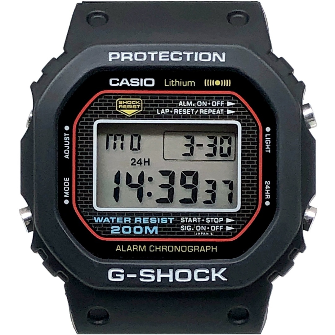 Front-facing close-up of a Casio G-SHOCK DW-5000C-1A digital watch showing its square bezel, LCD time display, and G-SHOCK branding.