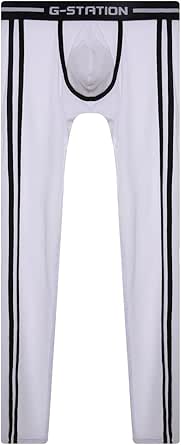 White G-Station men's tights with black side stripes, branded waistband, and front pouch.