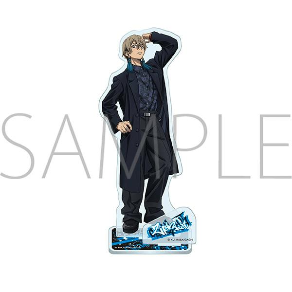 Acrylic stand showing a full-body illustration of a male character in a long coat standing on a printed base.