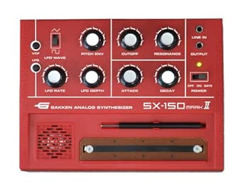 Front view of a red Gakken SX-150 MARK II analog synthesizer showing multiple control knobs, a speaker grille, and a touch strip.