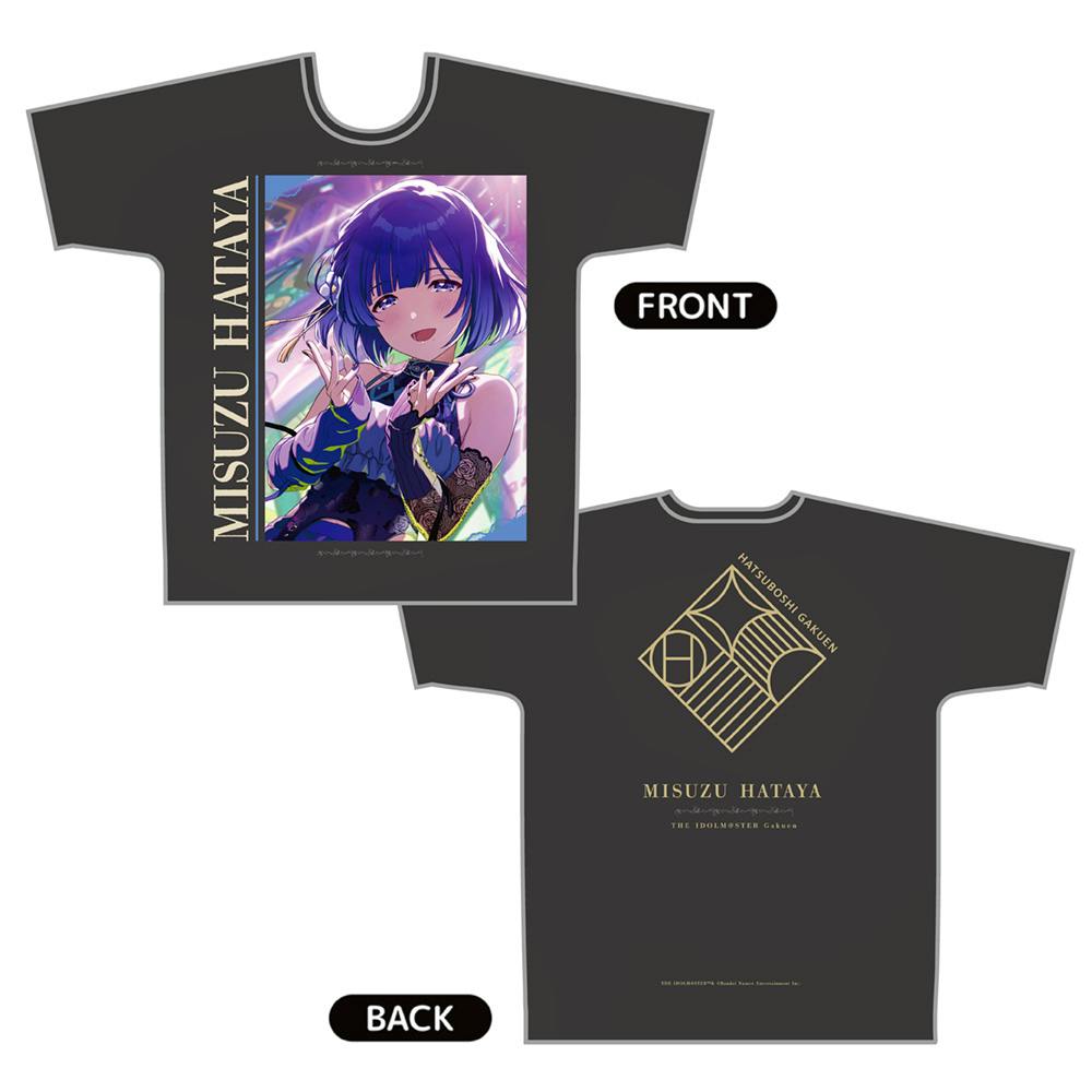 Front-and-back mockup of a dark graphic T-shirt with an illustrated Misuzu Hataya image on the front and a gold emblem with “MISUZU HATAYA” text on the back.