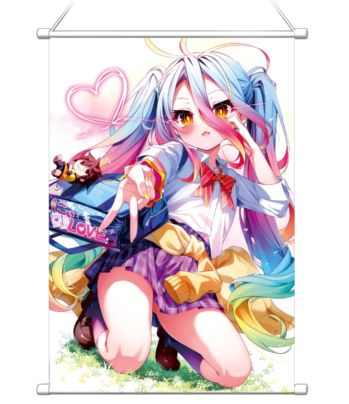 B2 tapestry showing an anime-style girl with multicolored hair and a school uniform kneeling, displayed hanging from a rod.