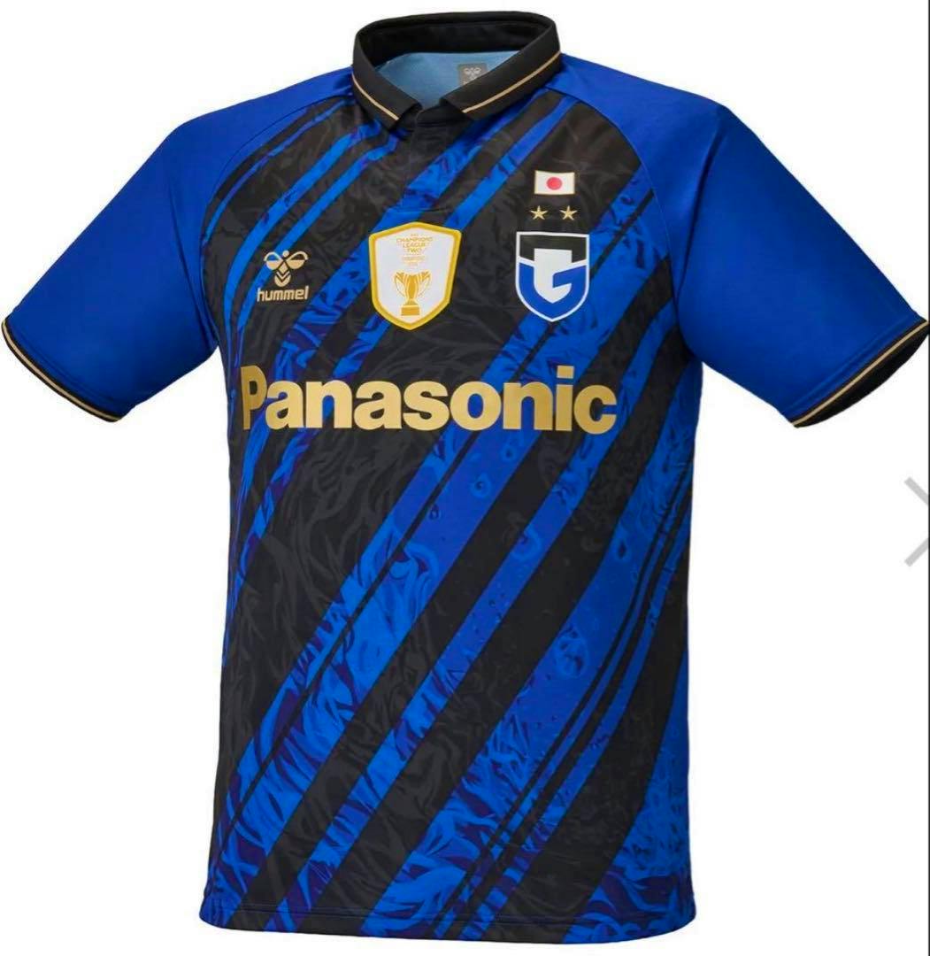 Front view of a men's Gamba Osaka blue and black polyester jersey with Panasonic sponsor logo and club crest.