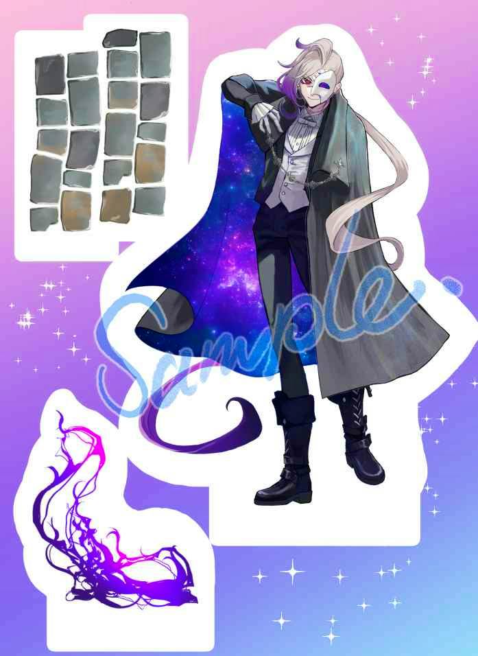 Die-cut mockup of the 巌窟王ハロウィン acrylic stand showing the character figure and separate base and effect pieces with a "Sample" watermark.