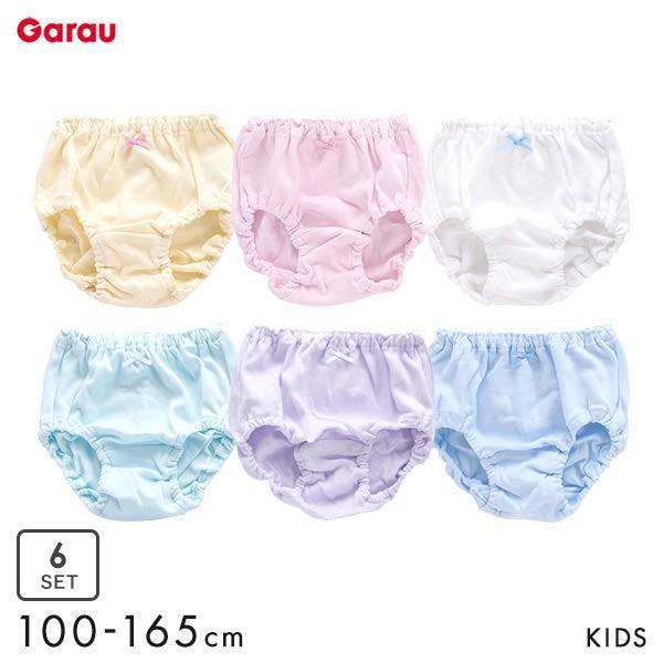 Six pastel-colored girls' cotton underwear displayed flat on a white background, shown as a 6-piece set for sizes 100–165 cm.