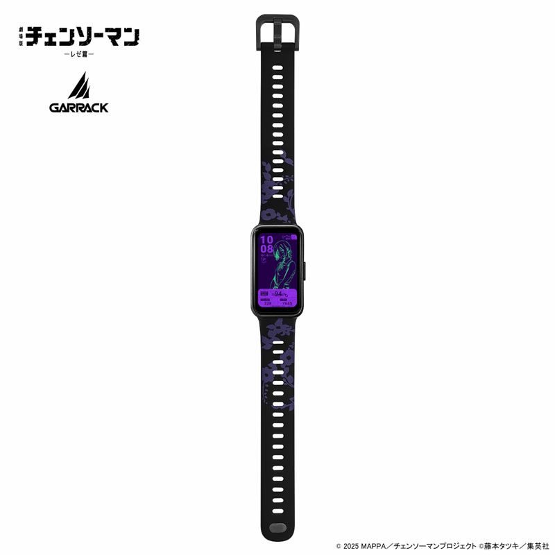 Front view of the GARRACK Chainsaw Man (Leze model) watch with a purple-themed display and black-and-purple patterned strap on a white background.