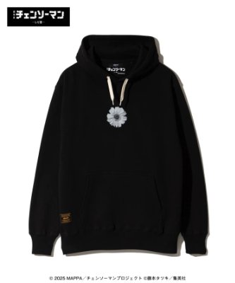 Black Reze hoodie showing a centered floral graphic, hood with drawstrings, and a front kangaroo pocket.