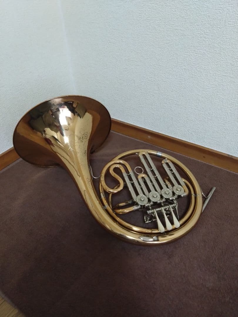 Full view of the GEBR. ALEXANDER MAINZ B♭ single horn resting on a carpeted floor, showing the bell, rotary valves, and coiled tubing.