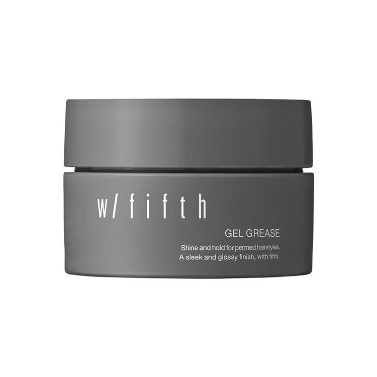 A gray jar of hair gel labeled "w/fifth" and "GEL GREASE" on a white background.
