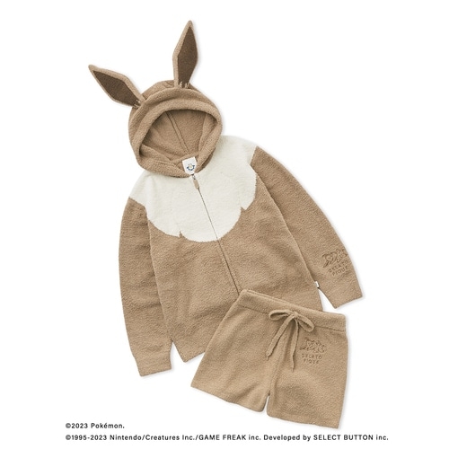 Flat-lay image of a beige-brown Eevee-themed fluffy zip-up hoodie with ear hood and matching shorts.
