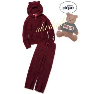 Burgundy women's bear hoodie and matching long pajama pants laid flat on a white background.