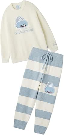 Men's Dragon Quest Baby Moco pullover and striped long pants set in cream and light blue, showing the Baby Moco character on the top and pants.