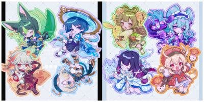 Sheet showing multiple Genshin acrylic keychains in chibi style on backing cards.