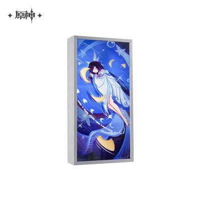 Rectangular acrylic desk lamp showing blue-toned Genshin character artwork inside a rectangular frame.