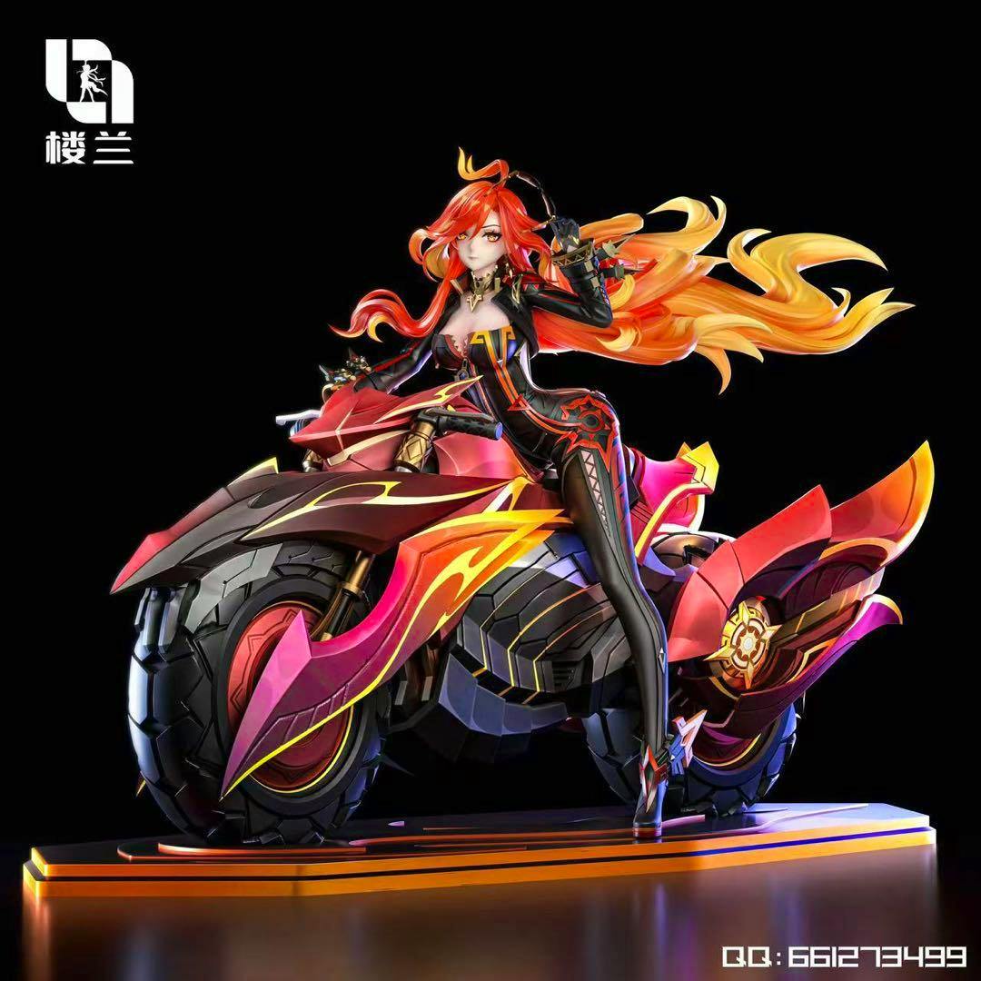 Garage kit plastic figure of 原神 マーヴィカ posed on a stylized motorcycle on a display base against a black background.