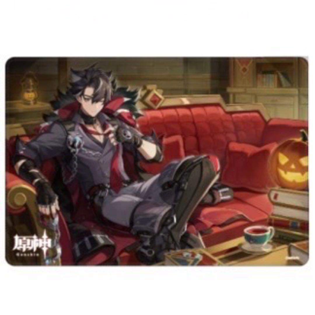 Rubber desk mat showing Wriothesley reclining on a red couch with a pumpkin lantern and a teacup on a table.