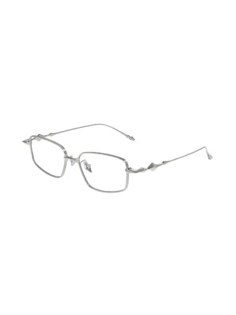 Silver rectangular Gentle Monster Atomic 02 eyeglass frames on a white background.
