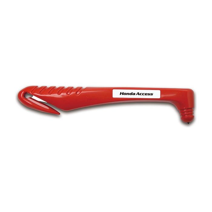 Red Honda Rescueman III emergency evacuation hammer with a Honda Access label, seatbelt cutter hook on one end and a pointed glass breaker on the other.