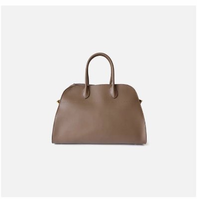 Brown leather tote bag with two handles photographed on a white background.