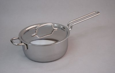 Stainless steel saucepan with lid and long handle shown on a neutral background.
