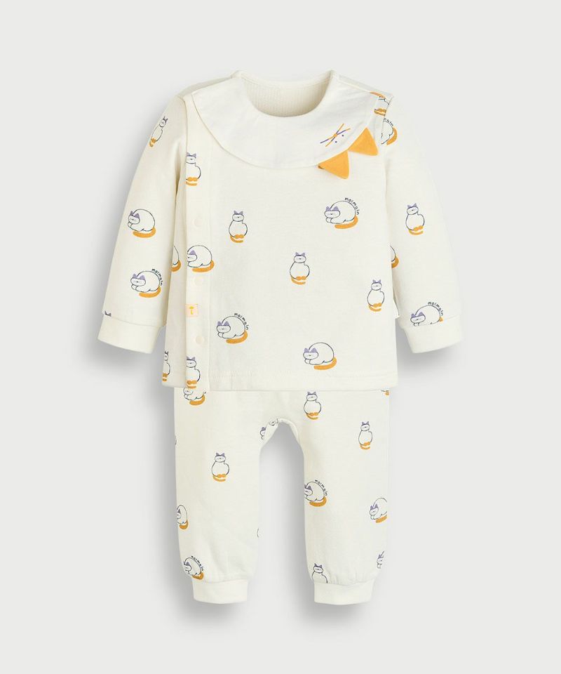 Front view of the baby long-sleeve top and matching pants loungewear set with small cat print and a rounded collar.