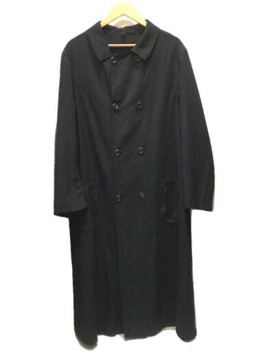 Front view of a long black double-breasted coat hanging on a wooden hanger against a white background.