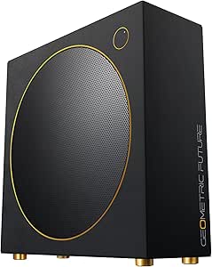 Three-quarter view of a black portable desktop PC case with a large circular front mesh, gold trim and feet, and side GEOMETRIC FUTURE branding.