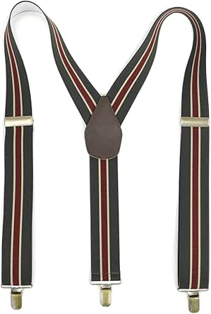 Y-shaped striped suspenders shown front-facing with a brown leather back patch and three metal clips.