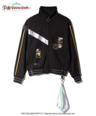 Front view of a black women's track jacket with a diagonal reflective stripe, yellow sleeve stripes, printed pocket panels, and an attached holographic pouch.