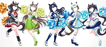 Artwork showing five characters wearing colorful cheerleader-style cosplay costumes.