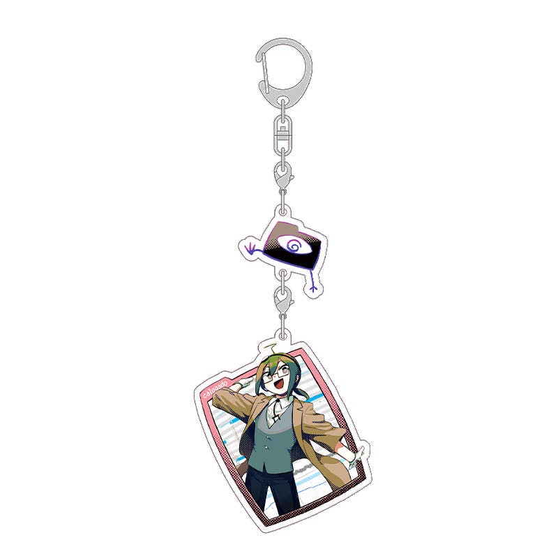 Acrylic keychain with two charms — a small ghost graphic and a rectangular charm depicting a character — connected to a metal clasp.